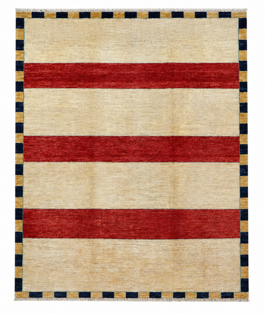 Tappeto 262x181 cm beige e rosso con motivo a righe per soggiorno elegante.