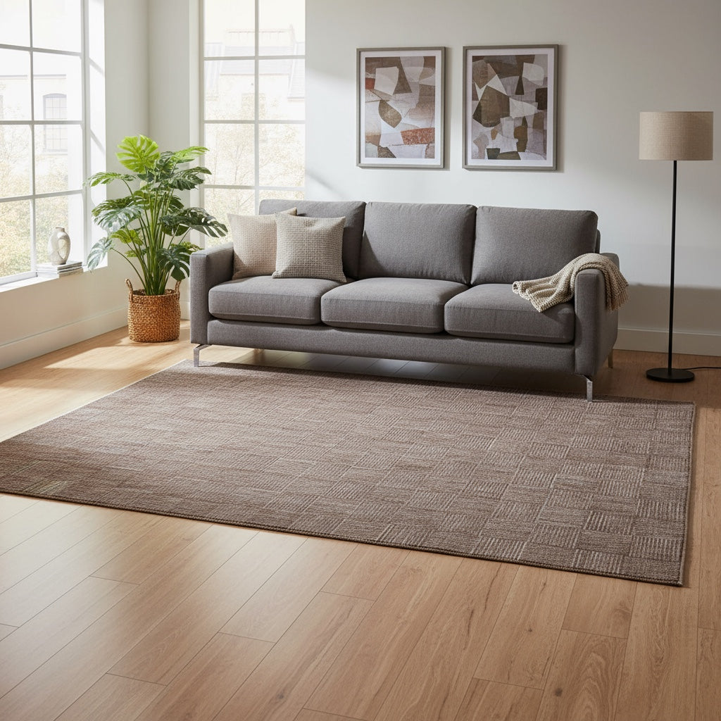 Tappeto moderno 270x188 cm Persia con disegno geometrico a quadri in tonalità marroni. Annodato a mano in lana e cotone.