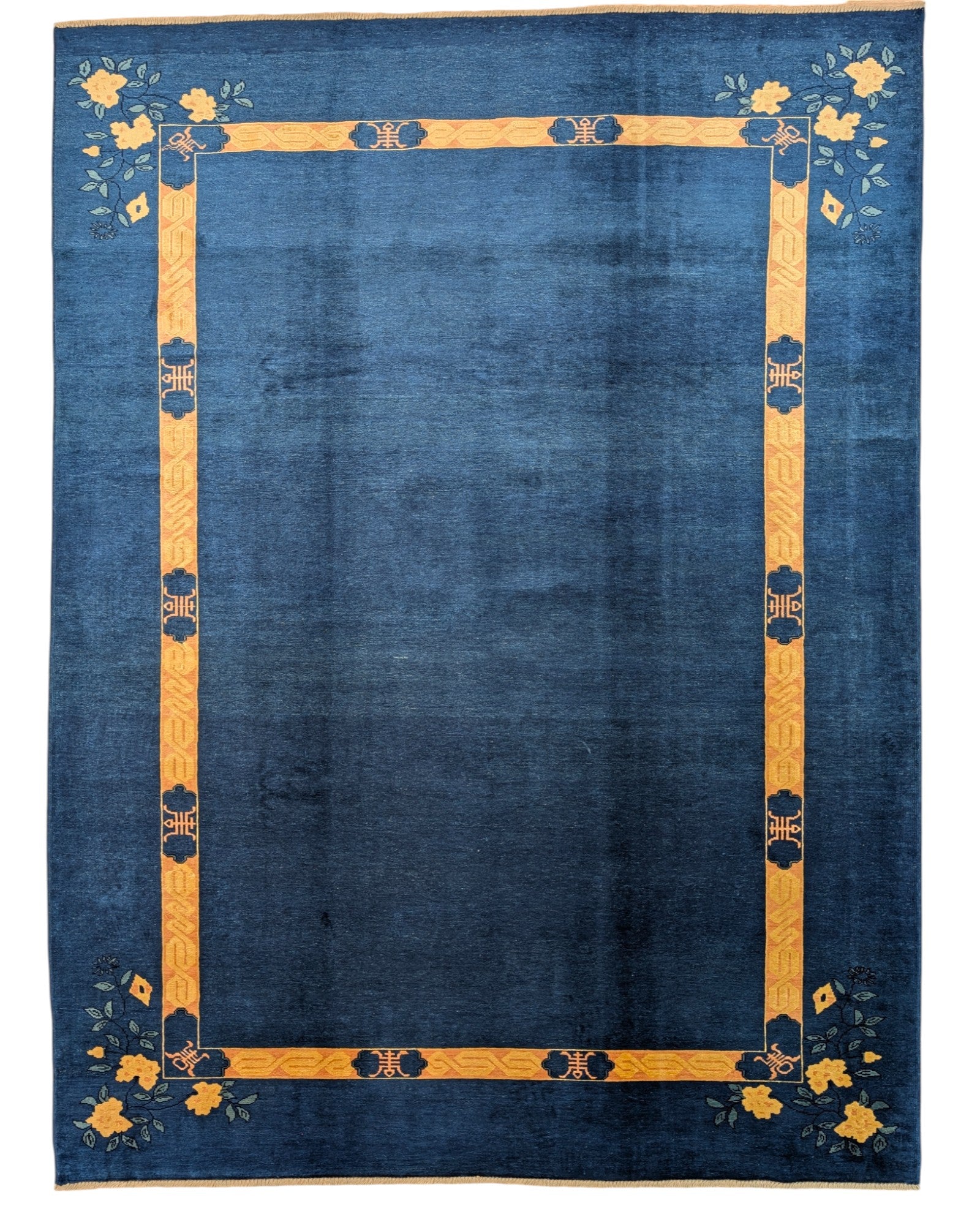 Tappeto moderno 284x213 cm Persia con fondo blu e cornice gialla decorata da fiori stilizzati, annodato a mano in lana naturale.