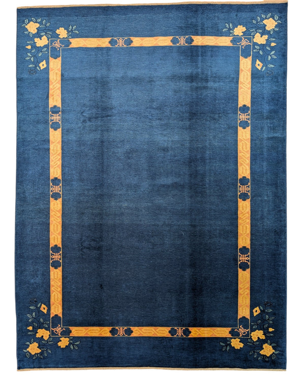 Tappeto moderno 284x213 cm Persia con fondo blu e cornice gialla decorata da fiori stilizzati, annodato a mano in lana naturale.