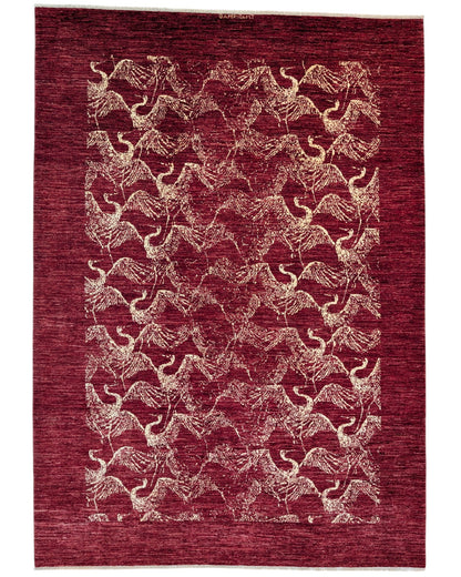 Tappeto moderno 290x206 cm Persia, fondo bordeaux con motivi di cavalli stilizzati in avorio, annodato a mano.