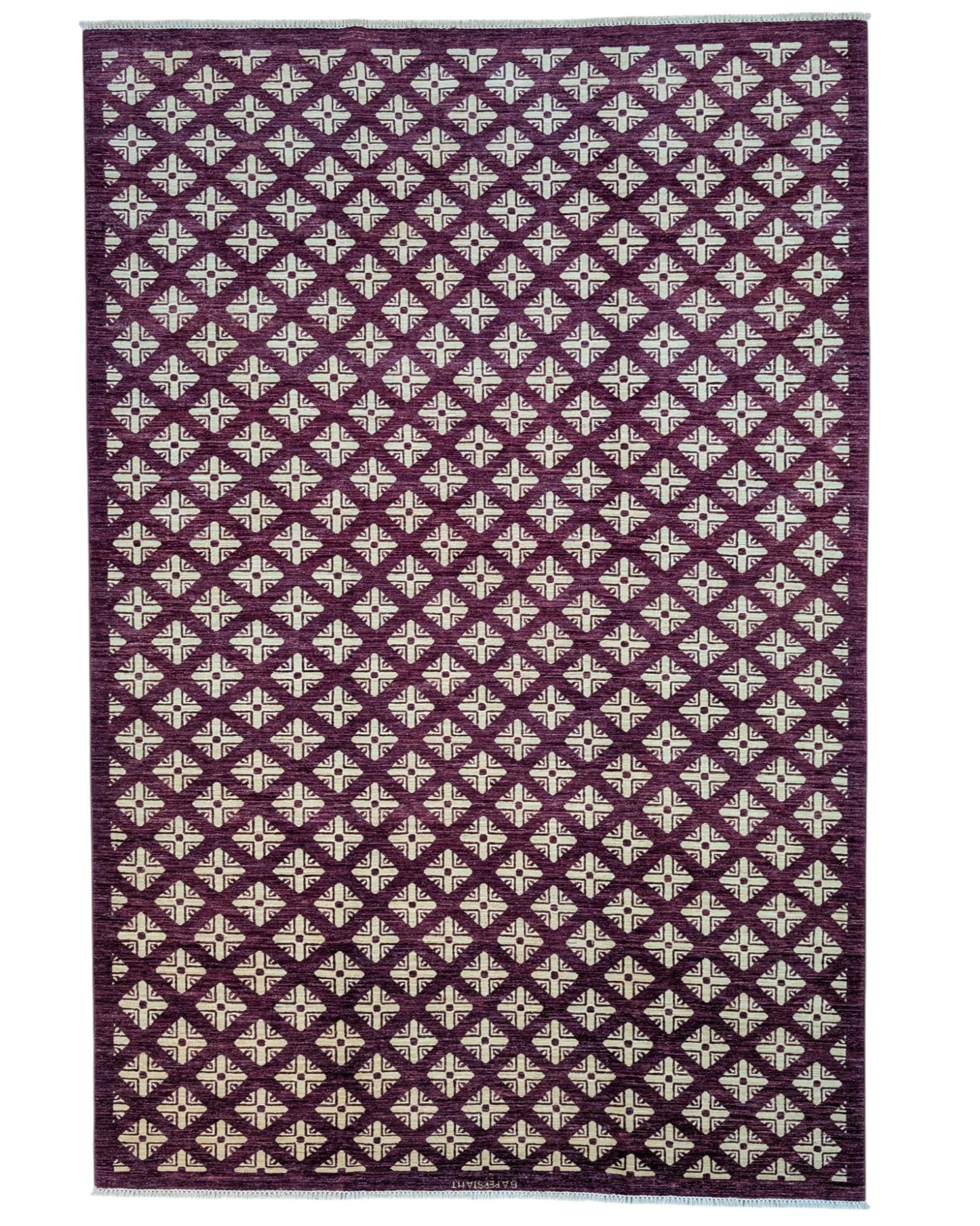 Tappeto moderno 295x199 cm Persia con motivi geometrici a rombi avorio su fondo bordeaux, annodato a mano in lana naturale.