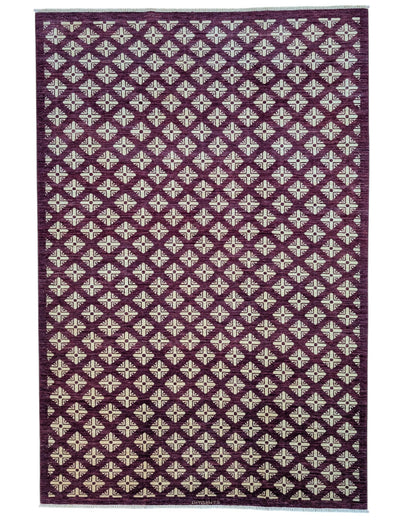Tappeto moderno 295x199 cm Persia con motivi geometrici a rombi avorio su fondo bordeaux, annodato a mano in lana naturale.