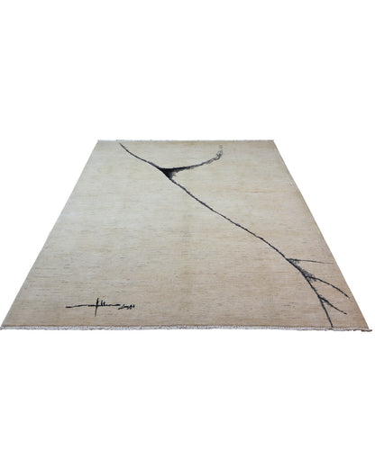 "Tappeto moderno beige con linee astratte nere, annodato a mano, 293x205 cm."