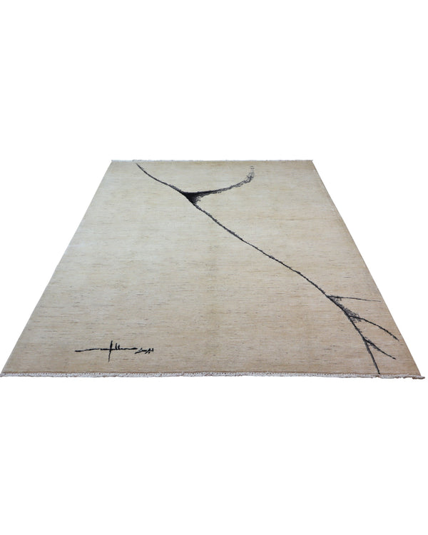 "Tappeto moderno beige con linee astratte nere, annodato a mano, 293x205 cm."