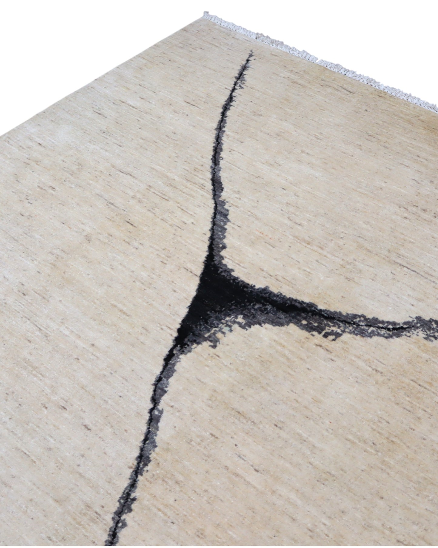 "Tappeto moderno beige con linee astratte nere, annodato a mano, 293x205 cm."