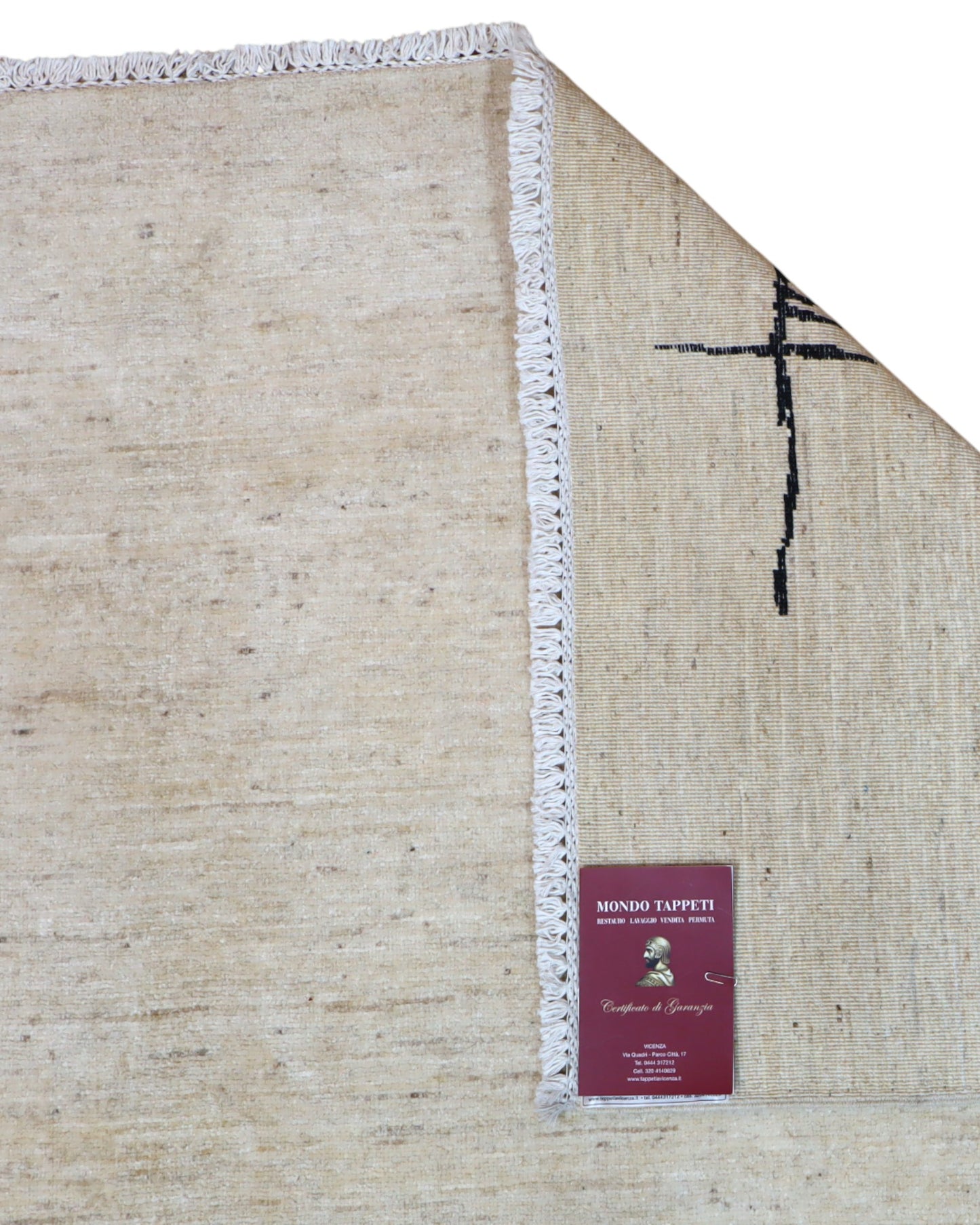 "Tappeto moderno beige con linee astratte nere, annodato a mano, 293x205 cm."