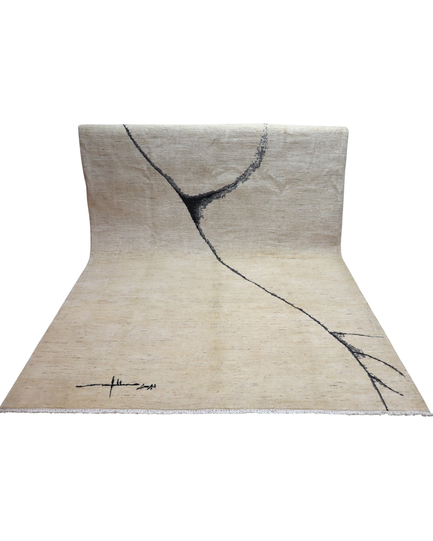 "Tappeto moderno beige con linee astratte nere, annodato a mano, 293x205 cm."