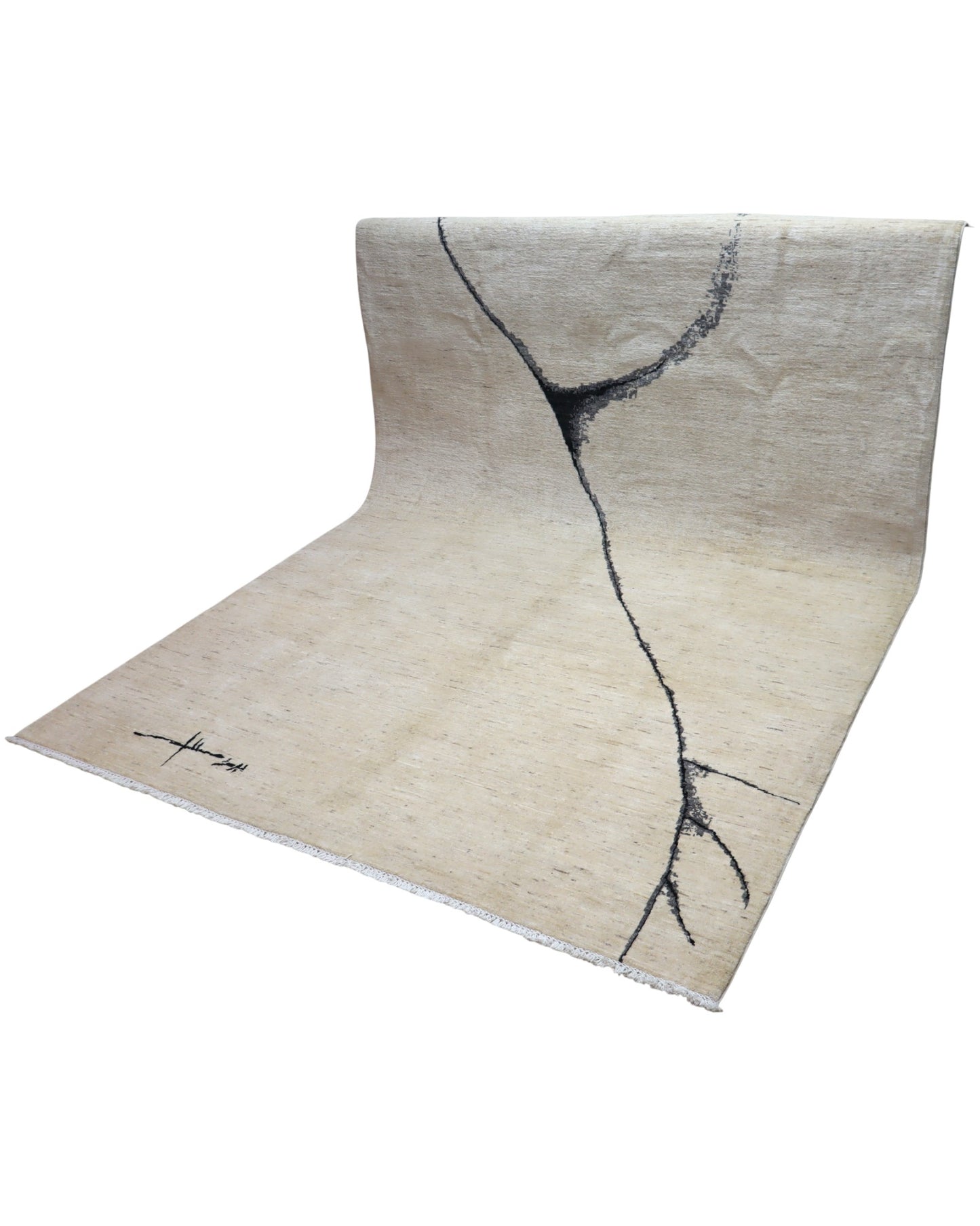 "Tappeto moderno beige con linee astratte nere, annodato a mano, 293x205 cm."