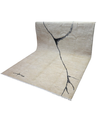 "Tappeto moderno beige con linee astratte nere, annodato a mano, 293x205 cm."