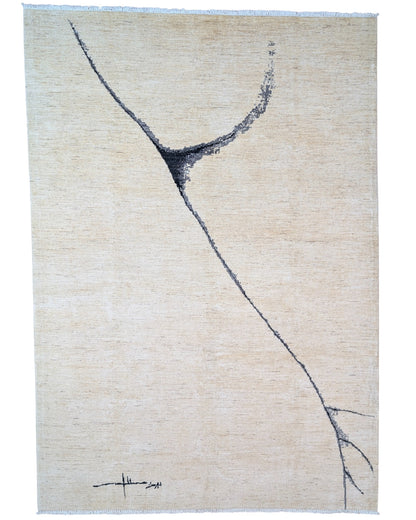 "Tappeto moderno beige con linee astratte nere, annodato a mano, 293x205 cm."