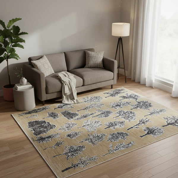 Tappeto moderno "Bosco Incantato", 203x153 cm, beige con alberi in colori naturali, design originale dell'artista Darios, certificato di autenticità incluso.