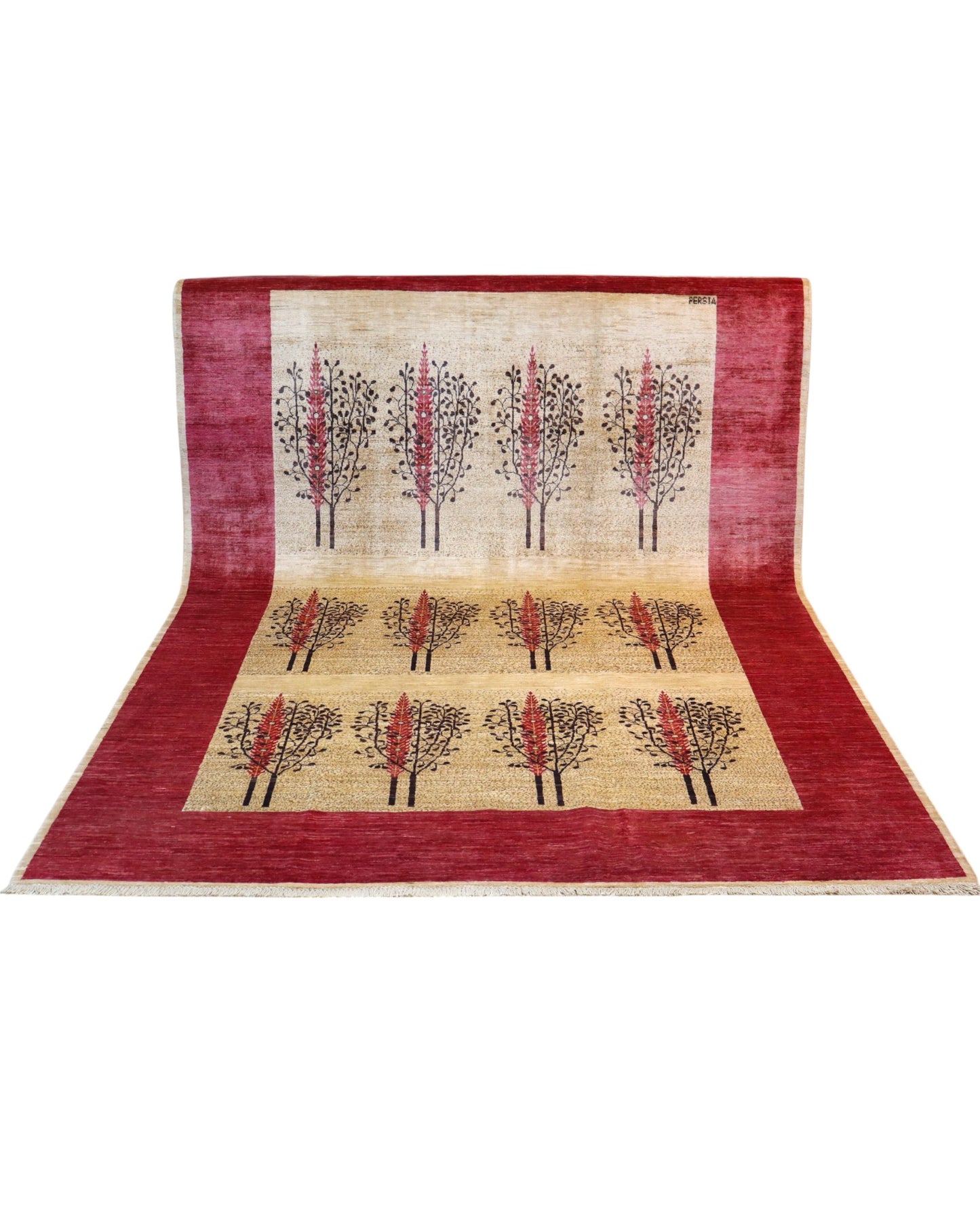 Tappeto moderno “Bosco di Darios” 290x200 cm, annodato a mano, con griglia di alberi stilizzati su campo beige e bordura color buccia di cipolla, lana tinta vegetale, pezzo unico certificato.