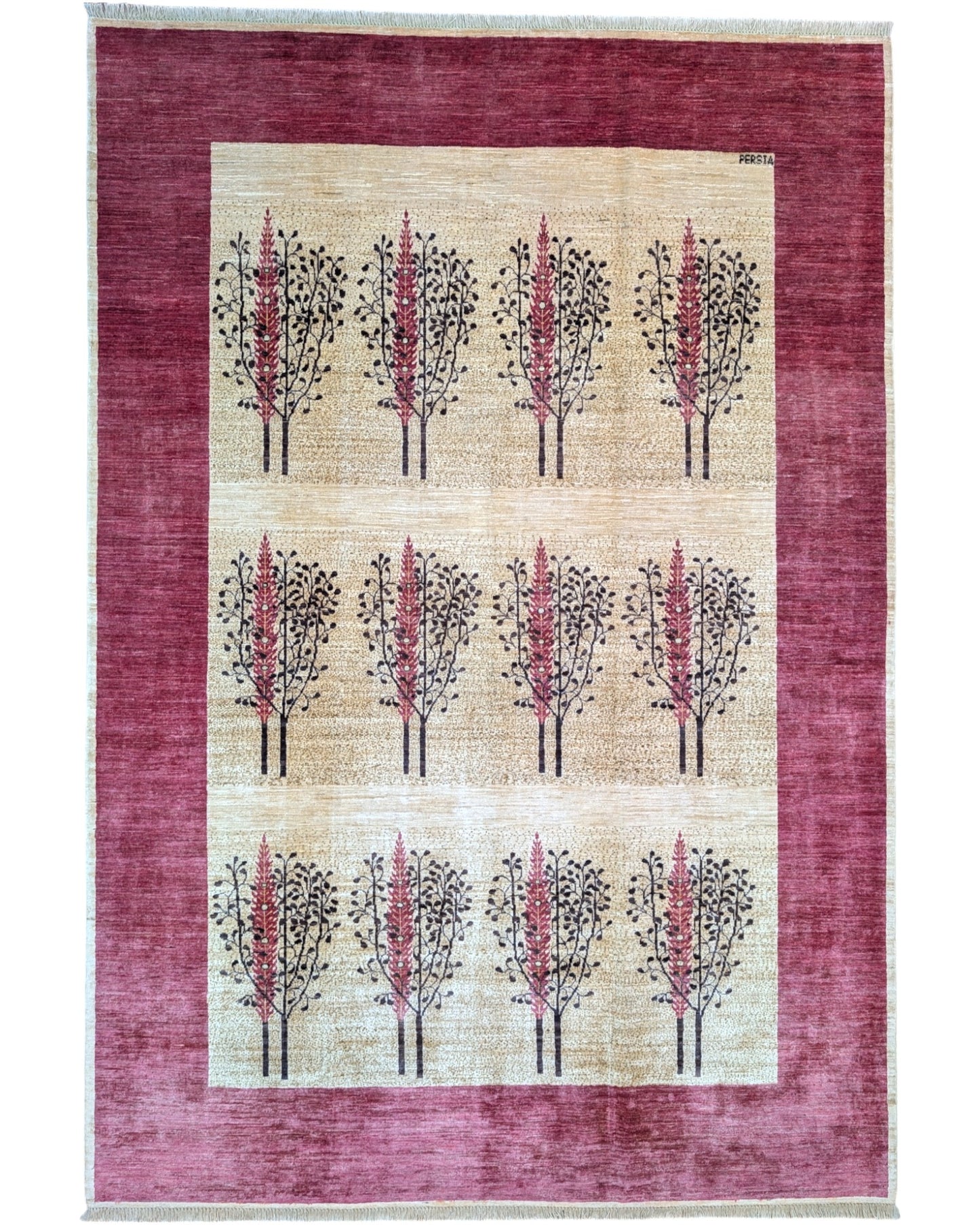 Tappeto moderno “Bosco di Darios” 290x200 cm, annodato a mano, con griglia di alberi stilizzati su campo beige e bordura color buccia di cipolla, lana tinta vegetale, pezzo unico certificato.
