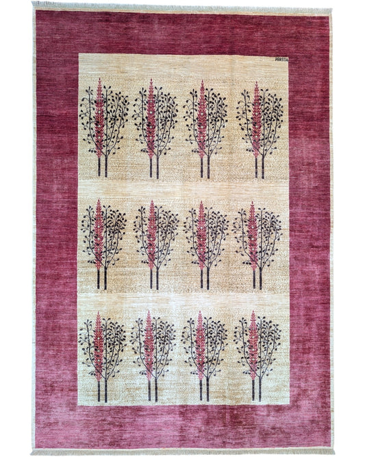 Tappeto moderno “Bosco di Darios” 290x200 cm, annodato a mano, con griglia di alberi stilizzati su campo beige e bordura color buccia di cipolla, lana tinta vegetale, pezzo unico certificato.