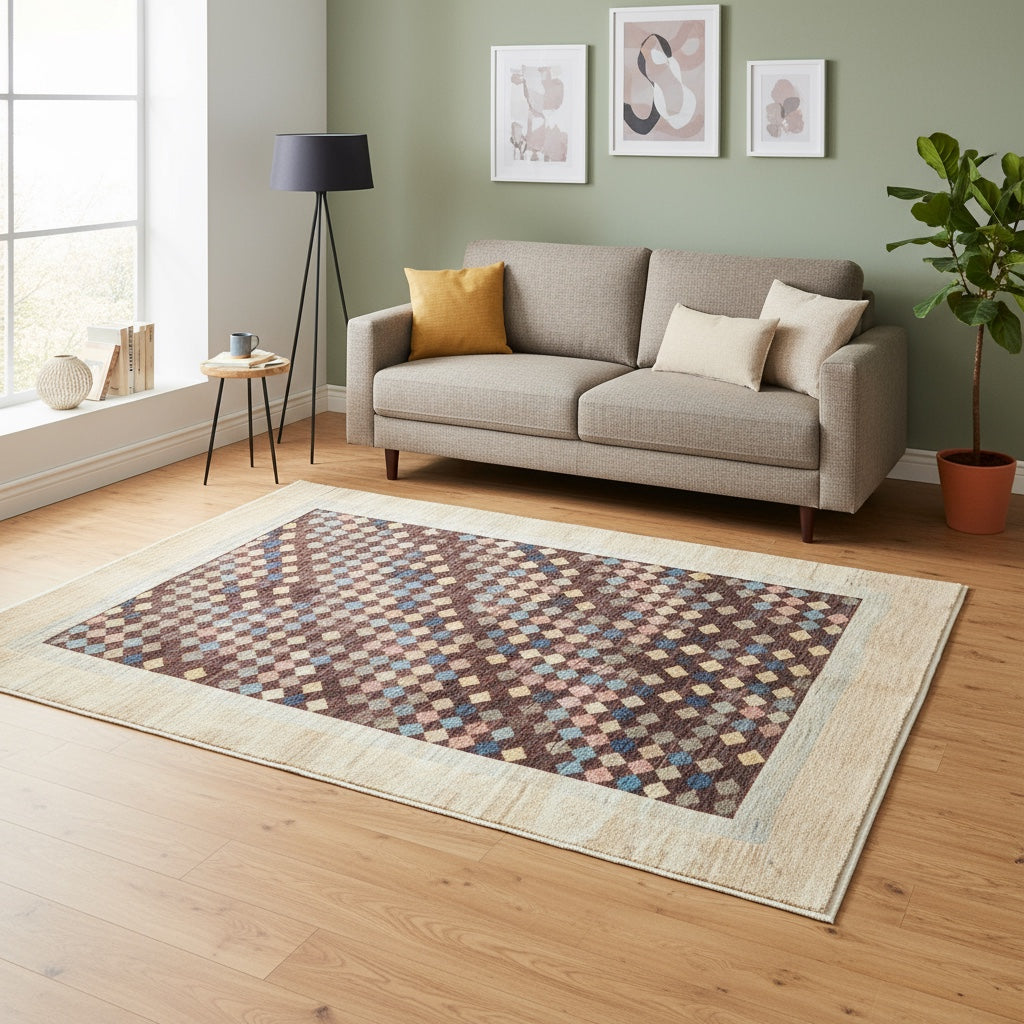 Tappeto moderno Gabbhe 197x149 cm, mosaico geometrico multicolore con rombi, cornice beige, artigianato persiano, certificato di autenticità incluso.