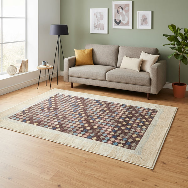 Tappeto moderno Gabbhe 197x149 cm, mosaico geometrico multicolore con rombi, cornice beige, artigianato persiano, certificato di autenticità incluso.