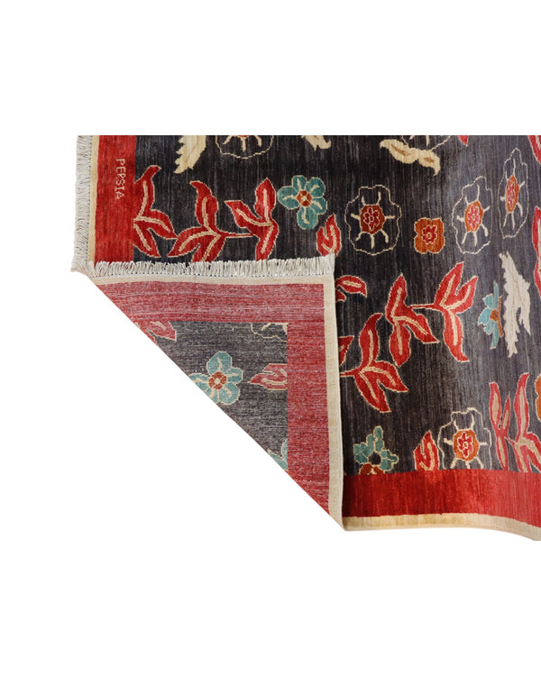 Tappeto moderno Persia 196x147 cm, fondo blu con fiori rossi e azzurri, bordo rosso, annodato a mano.