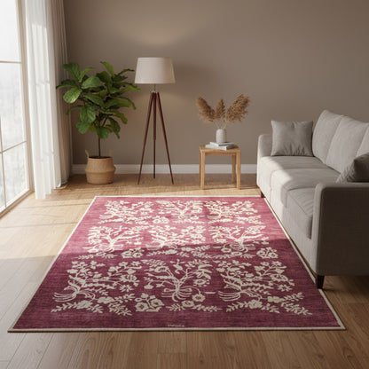 Tappeto moderno 225x178 cm Persia con fondo bordeaux e motivi floreali in avorio, annodato a mano in lana e cotone.