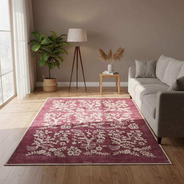 Tappeto moderno 225x178 cm Persia con fondo bordeaux e motivi floreali in avorio, annodato a mano in lana e cotone.