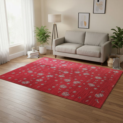 Tappeto moderno "Ramage Autunnale", 200x152 cm, rosso melograno con fiori e foglie autunnali in tonalità chiare, design di alta qualità, certificato di autenticità incluso.