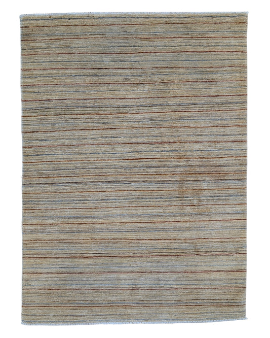 Tappeto moderno a righe verticali 173x127 cm, annodato a mano in Afghanistan, motivo sobrio in colori tenui e naturali, lana tinta vegetale, certificato incluso.