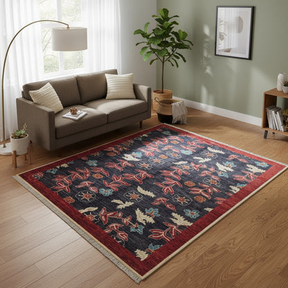 Tappeto moderno Persia 196x147 cm, fondo blu con fiori rossi e azzurri, bordo rosso, annodato a mano.