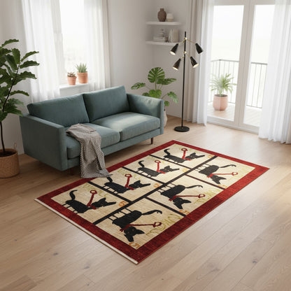 Tappeto moderno 199x135 cm, disegno originale "Gatto di Nicole", motivi a gatto nero, cornice rossa, artigianato tradizionale.