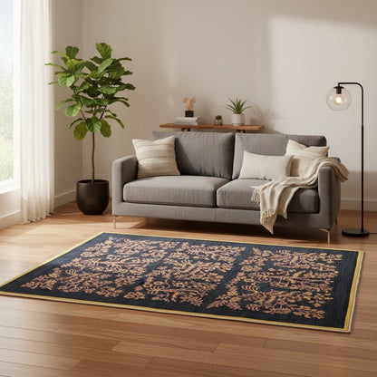 Tappeto moderno 200x150 cm, fondo nero con sfumature cenere, motivi floreali beige, artigianato tradizionale persiano, certificato di autenticità incluso.