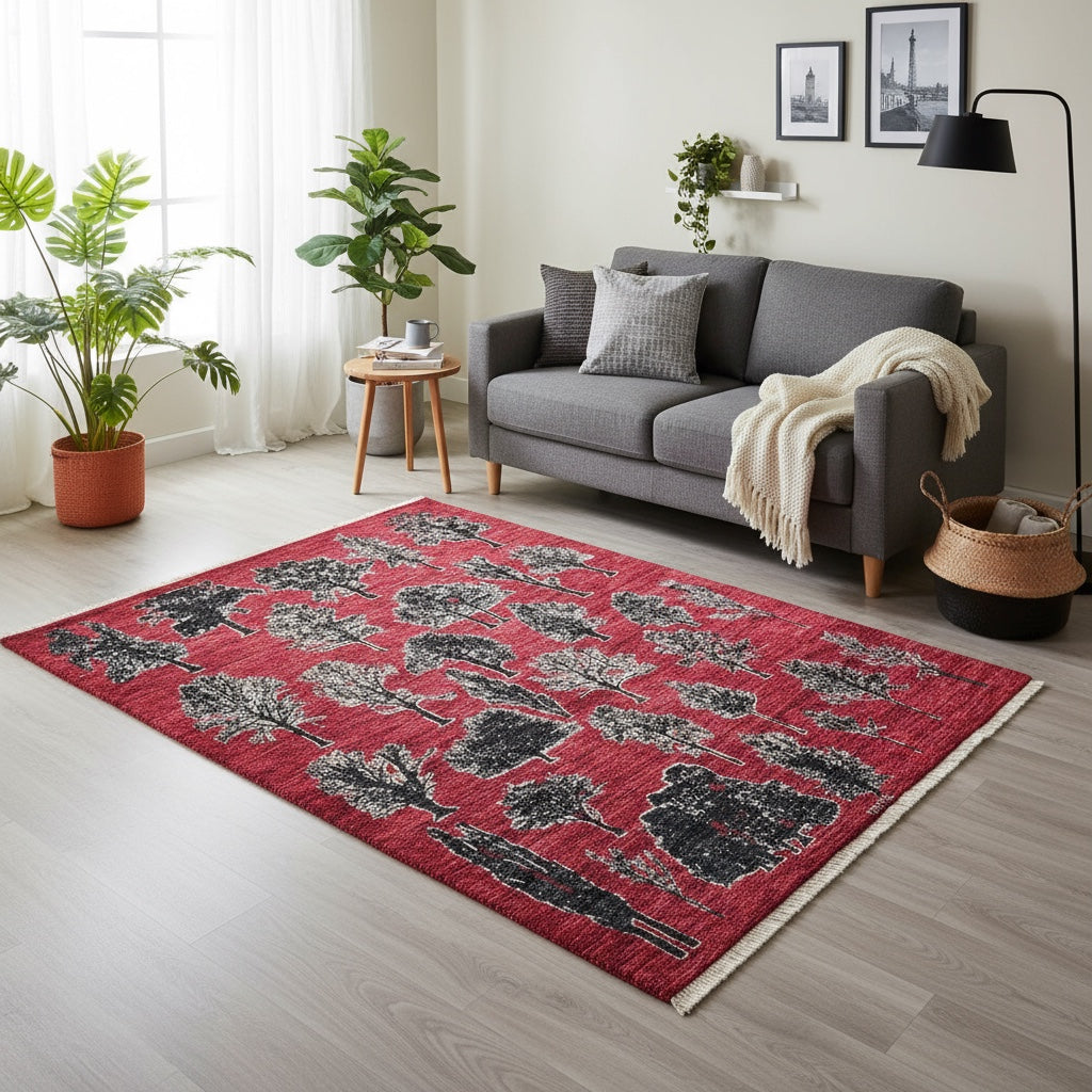 Tappeto moderno "Un'Opera d'Arte Naturale" 200x152 cm, motivi neri su campo rosso, alberi stilizzati, certificato di autenticità incluso.