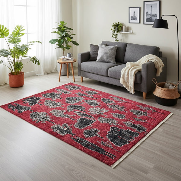 Tappeto moderno "Un'Opera d'Arte Naturale" 200x152 cm, motivi neri su campo rosso, alberi stilizzati, certificato di autenticità incluso.