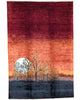 Tappeto Moderno persiano 300x243 cm con paesaggio al tramonto, fondo rosso e nero con alberi e luna bianca, tramato ed annodato a mano.