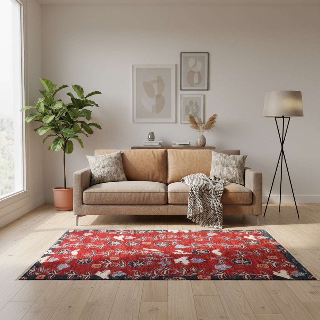 Tappeto moderno 194x151 cm, fondo rosso melograno, motivi floreali stilizzati, cornice nera, annodato a mano, design originale di Darios, certificato di autenticità incluso.