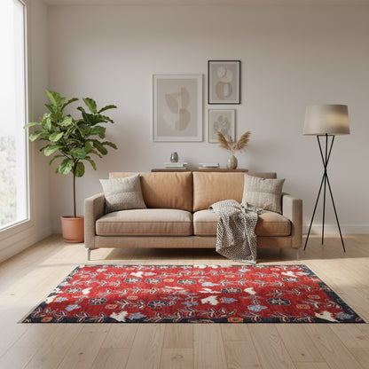 Tappeto moderno 194x151 cm, fondo rosso melograno, motivi floreali stilizzati, cornice nera, annodato a mano, design originale di Darios, certificato di autenticità incluso.