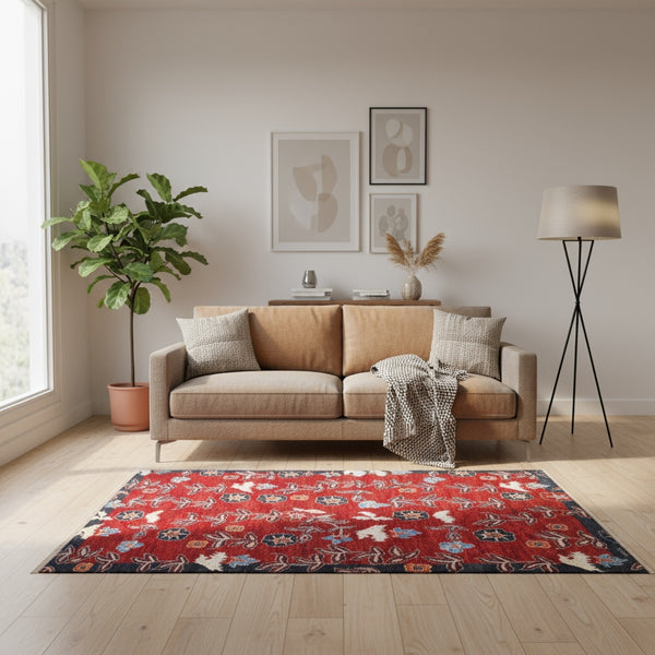 Tappeto moderno 194x151 cm, fondo rosso melograno, motivi floreali stilizzati, cornice nera, annodato a mano, design originale di Darios, certificato di autenticità incluso.