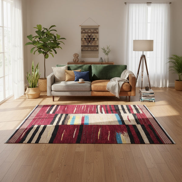 Tappeto moderno Gabbhe 197x153 cm, disegno astratto con colori vivaci, rosso, beige, nero, giallo, blu, artigianato persiano, certificato di autenticità incluso.