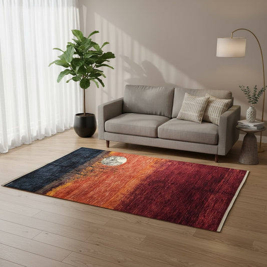 Tappeto moderno 195x150 cm, design "Luna nel Bosco" in rosso, nero e beige, annodato a mano, certificato di autenticità incluso.