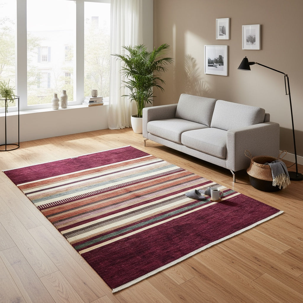 Tappeto moderno persiano, multicolore con strisce verticali su fondo rosso, annodato a mano, 197x153 cm.