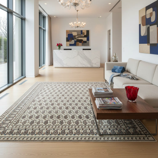 Tappeto persiano Kashan 375x280 cm, fondo beige con motivi paisley stilizzati blu e marrone, annodato a mano in lana vegetale.