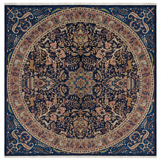 Tappeto Persiano Kerman 261x264 cm Blu Beige e Rosa Floreale