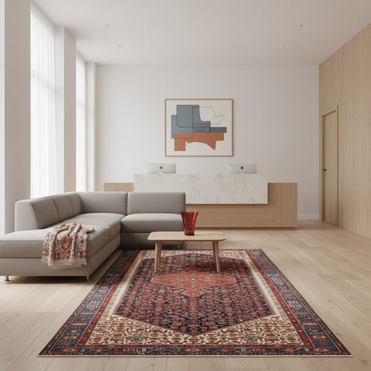 Tappeto persiano Malayer 390x297 cm, fondo blu con medaglione geometrico rosso, estremità avorio e cornice floreale, annodato a mano in lana vegetale.