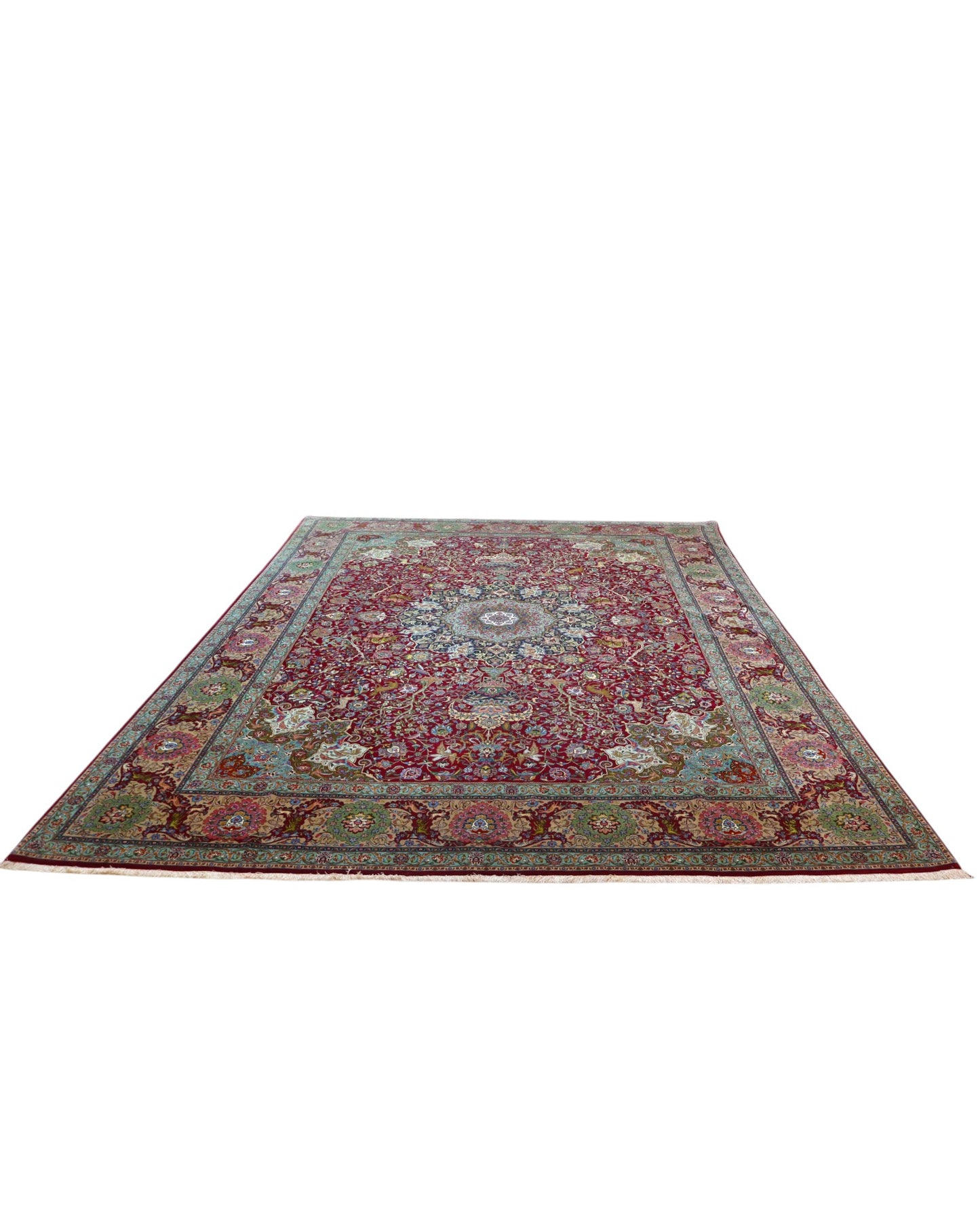 Tappeto persiano Tabriz 60Rag 424x294 cm, fondo rosso e blu con ampio medaglione e cornice verde, annodato a mano in seta e lana vegetale.