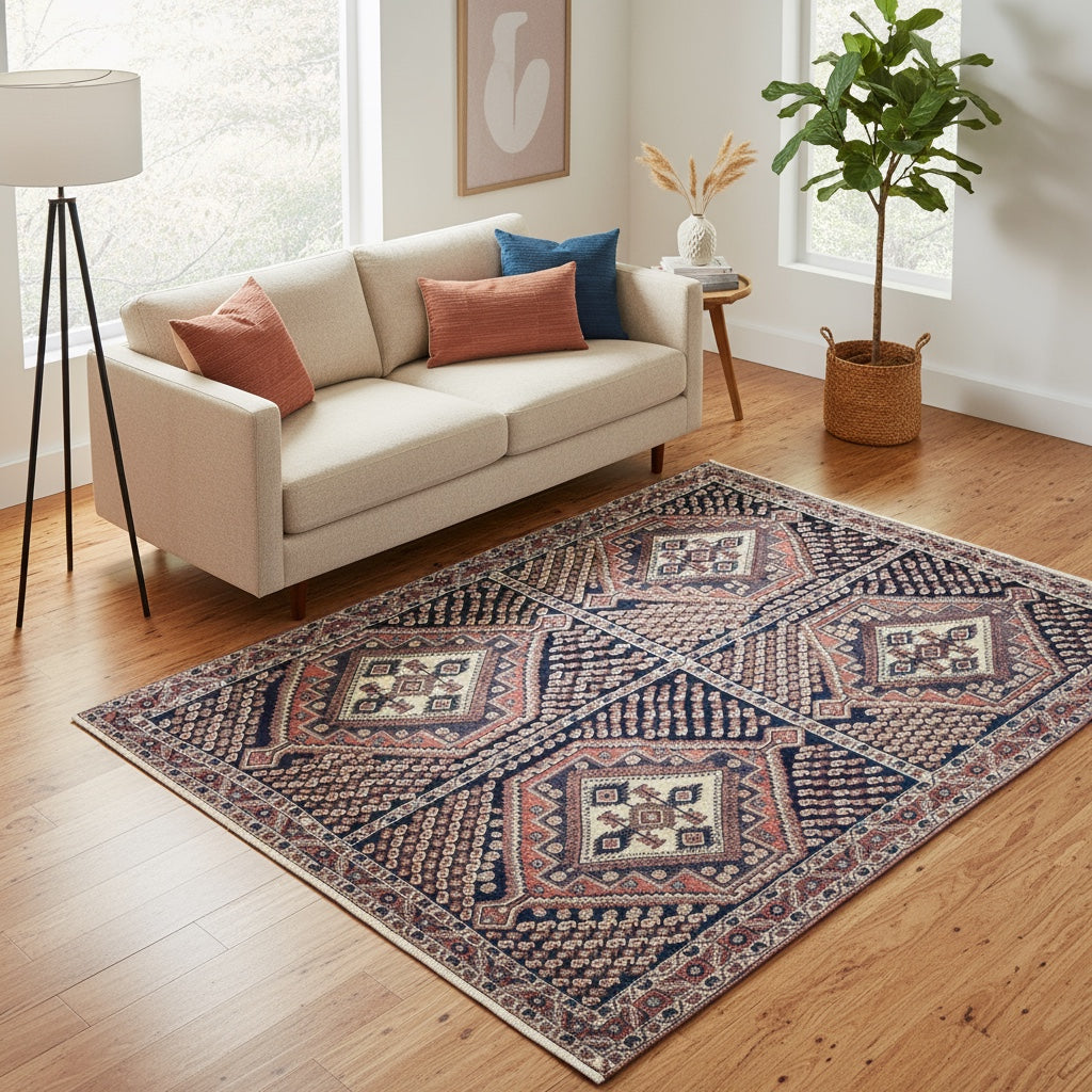 Tappeto Afshar persiano annodato a mano con motivi geometrici su fondo rosso mattone, 203x150 cm.