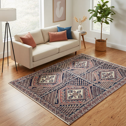 Tappeto Afshar persiano annodato a mano con motivi geometrici su fondo rosso mattone, 203x150 cm.