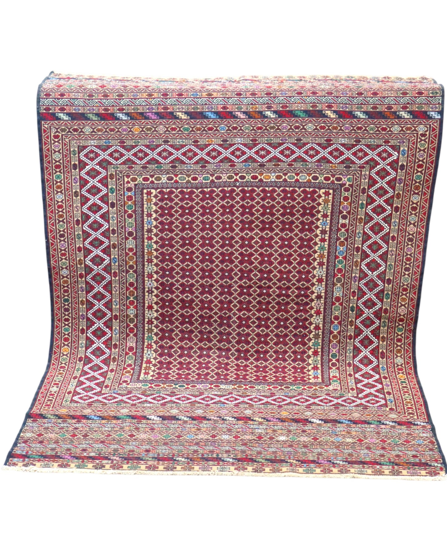 Tappeto Sumakh 184x126 cm con fondo bordeaux e motivi geometrici multicolori, annodato a mano, tradizione caucasica.