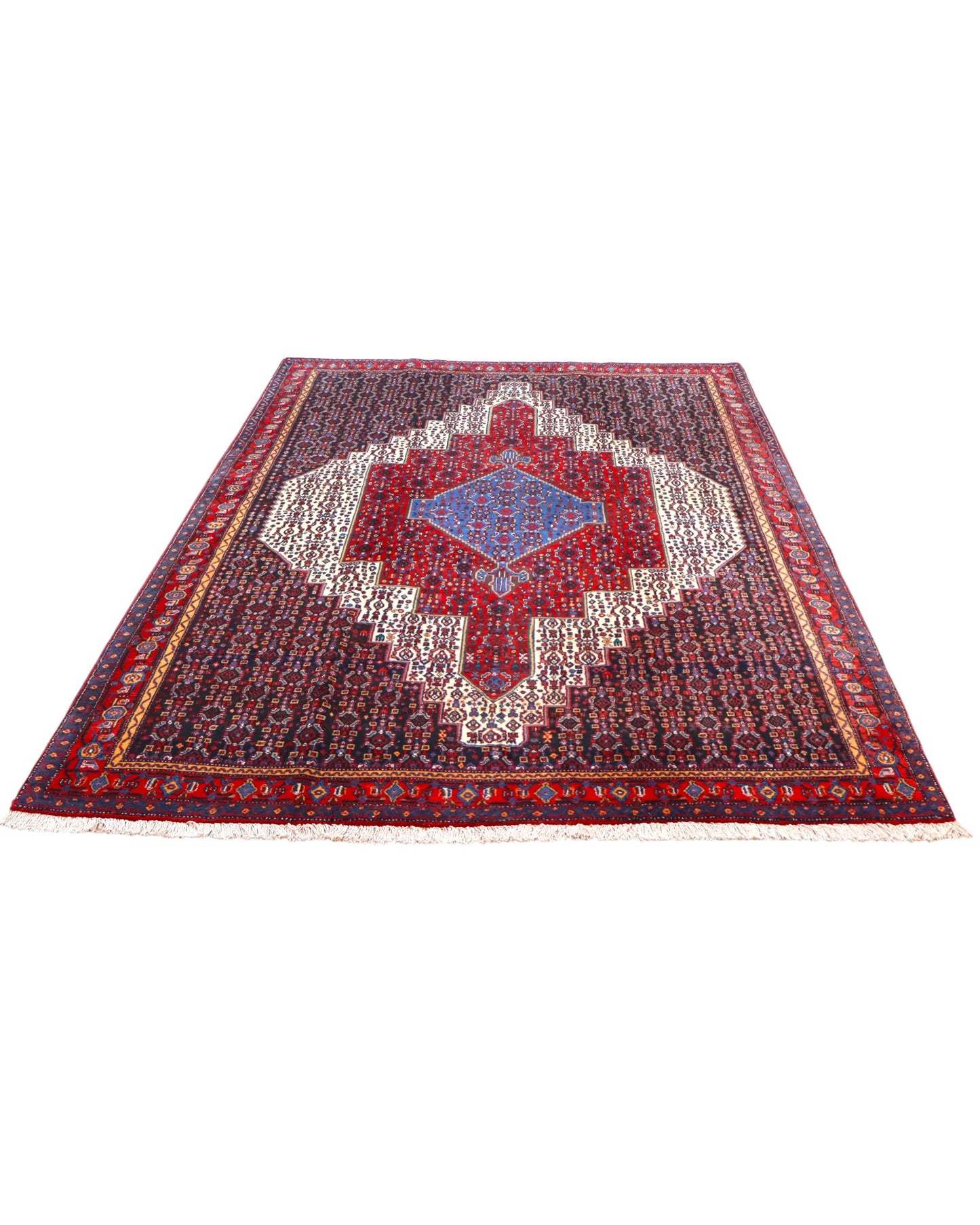 "Tappeto Sannhe annodato a mano con motivi geometrici e floreali in rosso, blu e bianco, 300x200 cm."