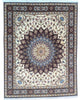 "Tappeto Tabriz 60 Raj annodato a mano con motivi floreali in blu, rosso, oro e marrone su fondo avorio, 255x196 cm."