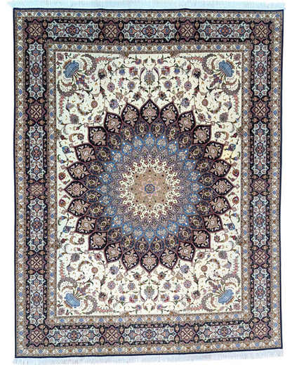 "Tappeto Tabriz 60 Raj annodato a mano con motivi floreali in blu, rosso, oro e marrone su fondo avorio, 255x196 cm."