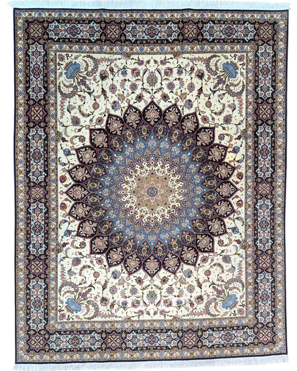"Tappeto Tabriz 60 Raj annodato a mano con motivi floreali in blu, rosso, oro e marrone su fondo avorio, 255x196 cm."