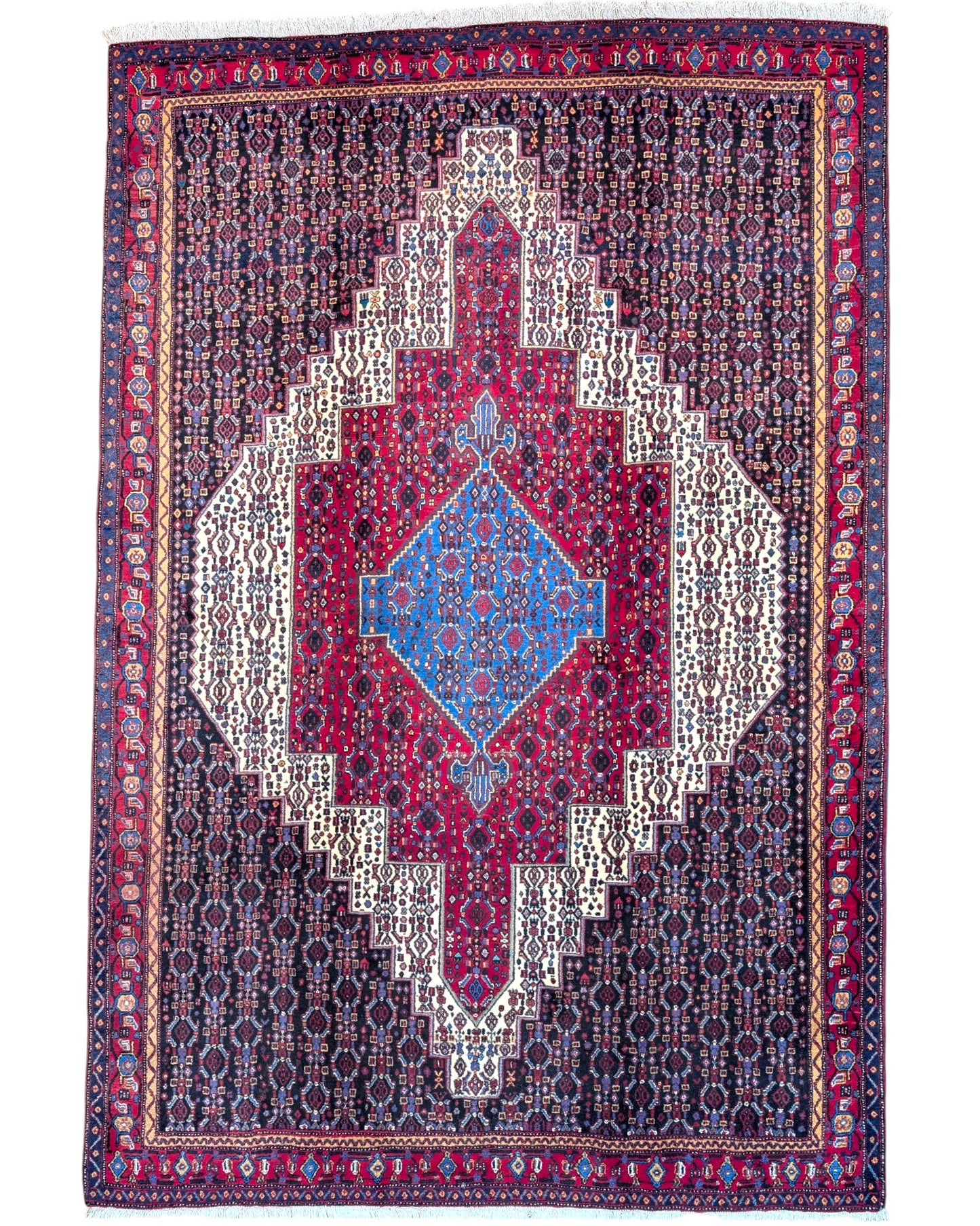 "Tappeto Sannhe annodato a mano con motivi geometrici e floreali in rosso, blu e bianco, 300x200 cm."